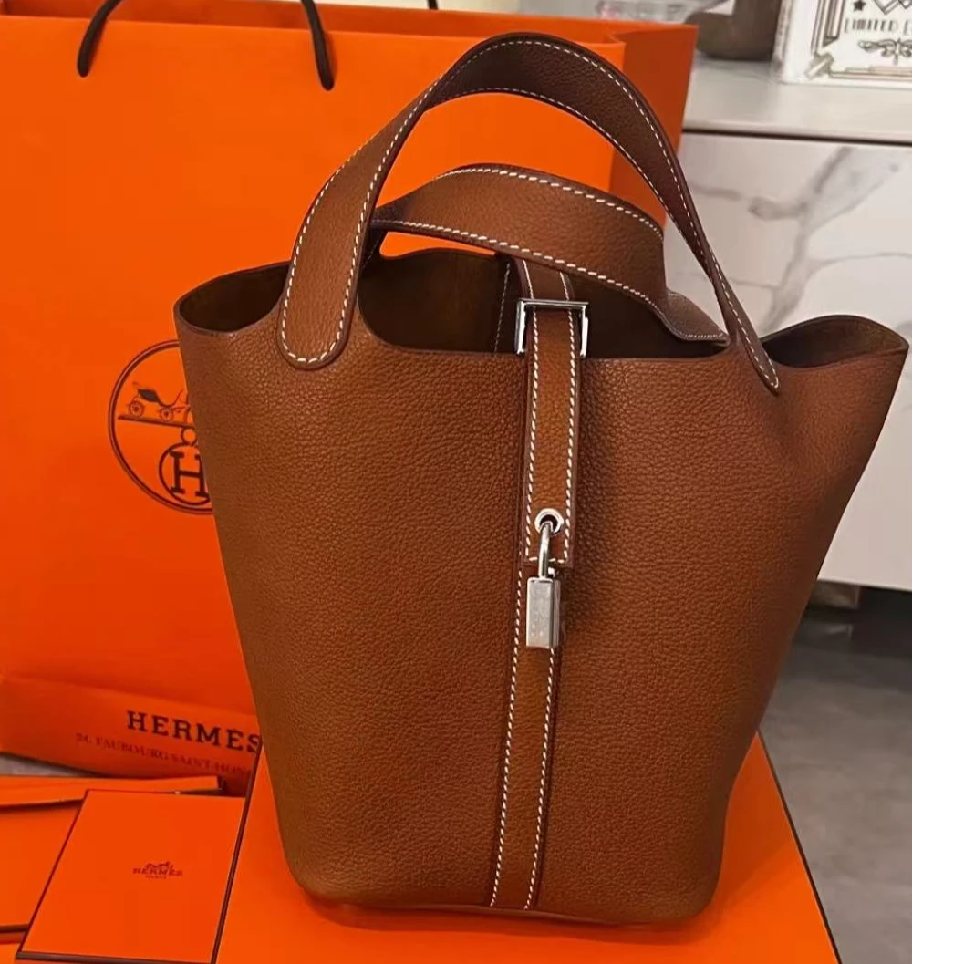 99新 Hermes/爱马仕 爱马仕菜篮子18金棕马鞍皮Z单肩包9450002