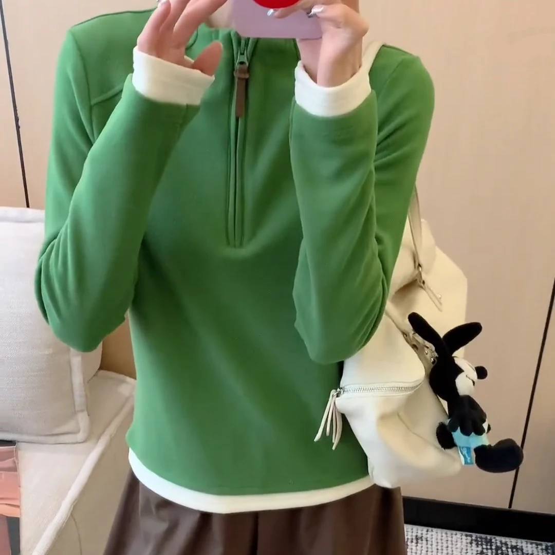显瘦长袖拼色磨毛德绒打底T恤秋冬远红外发热保暖半拉链女款上衣