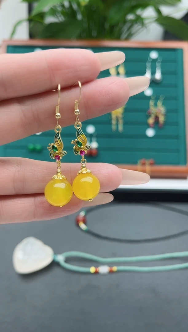 【闪购商品】玛瑙/玉髓耳饰银S925镀金镶嵌9