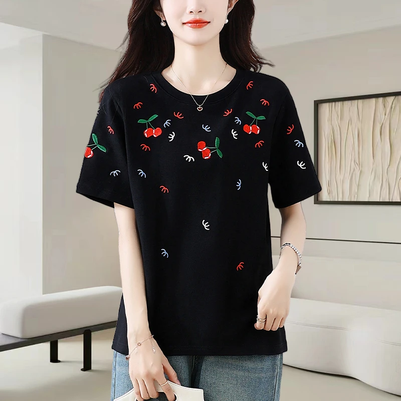黑色圆领短袖t恤女士2025夏季新款时尚减龄宽松重工刺绣百搭上衣