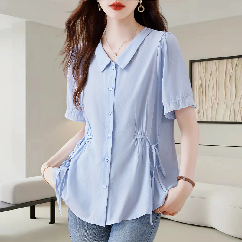 黑色翻领短袖衬衫女士夏季2025新款时尚减龄宽松显瘦休闲百搭上衣