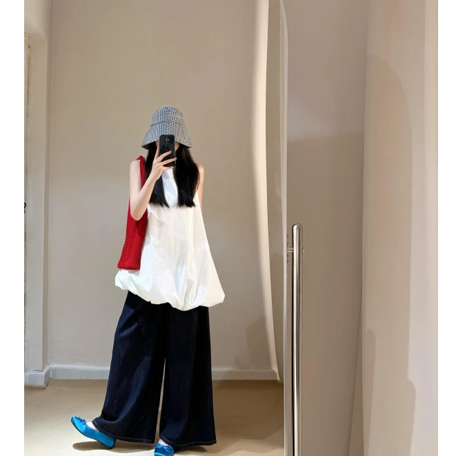 实价现货慵懒松弛感无袖花苞少女感上衣女夏宽松阔腿长裤休闲套装