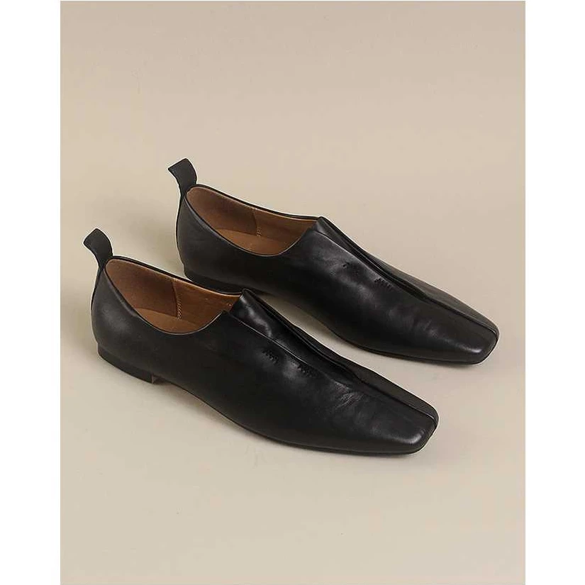 超软羊皮平底单鞋女小众设计感方头小皮鞋真皮英伦风一脚蹬乐福鞋