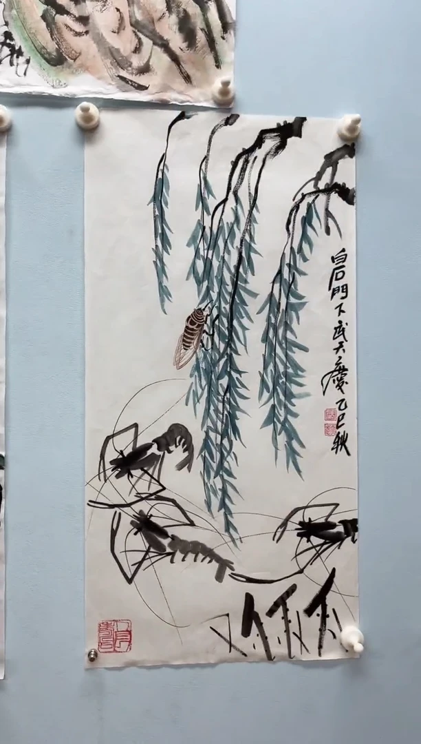 国画武天庆老师河边垂柳水墨虾