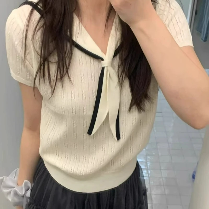 法式气质撞色海军领短袖上衣夏季新款韩系学院风减龄显瘦针织衫潮