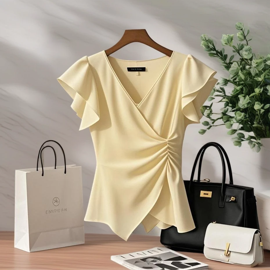 2025夏季新款女性小众设计感修身显瘦黄色V领荷叶边短袖衬衫时尚