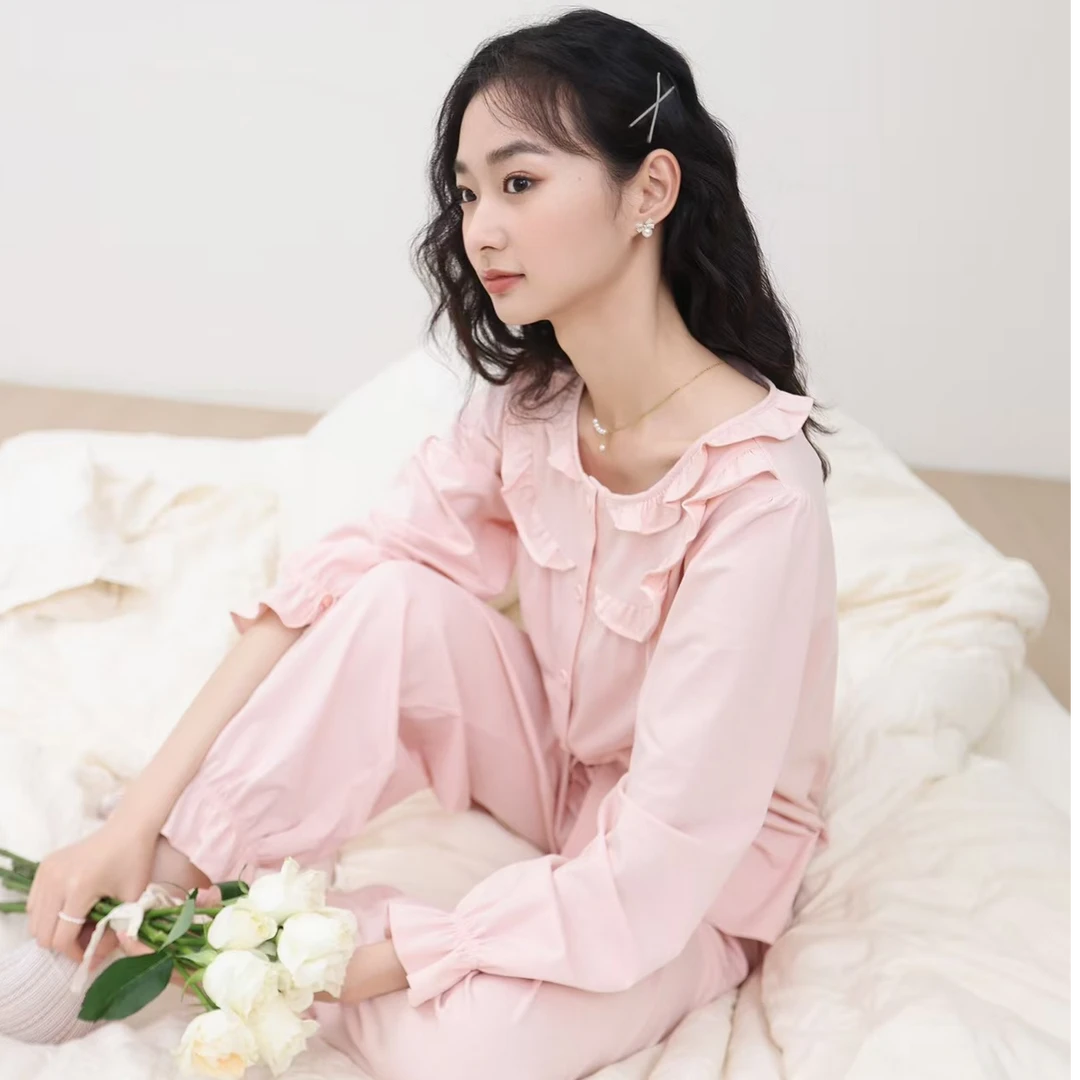 女士纯棉提花圆领长袖长裤家居服甜美睡衣女款爆款2025新款公主风