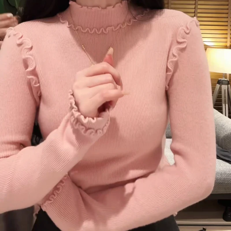 法式小众设计感木耳边花边针织打底衫上衣LK2508318