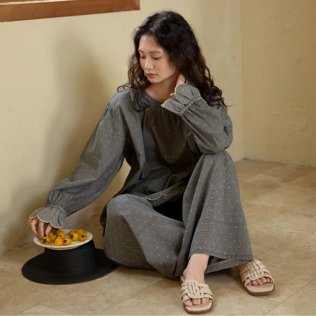 族玛士睡衣女士2025年新款梭织纯棉长袖格子春夏季大码家居服套装