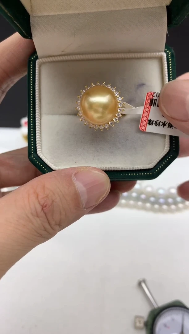 银S925镶嵌ff海水珍珠金珠戒指13~14mm
