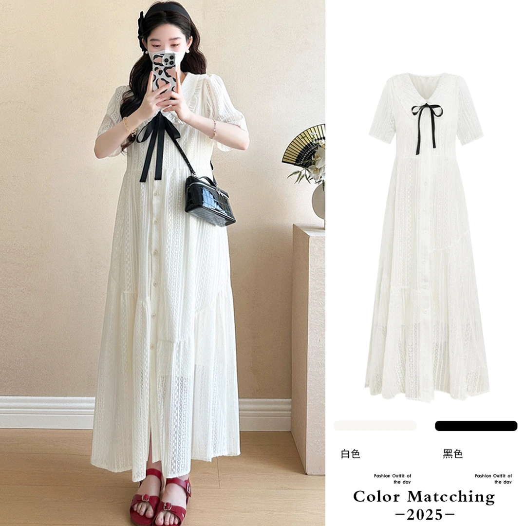 孕妇装夏季新款时尚白色娃娃领连衣裙学院风减龄宽松显瘦法式长裙