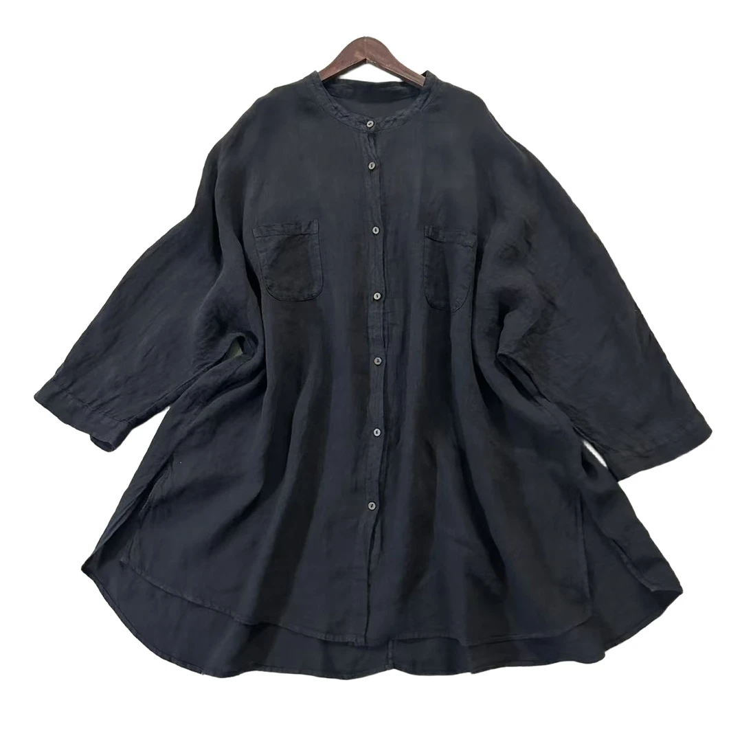 秋季休闲纯色时尚亚麻来去缝中长款上衣（22158#）