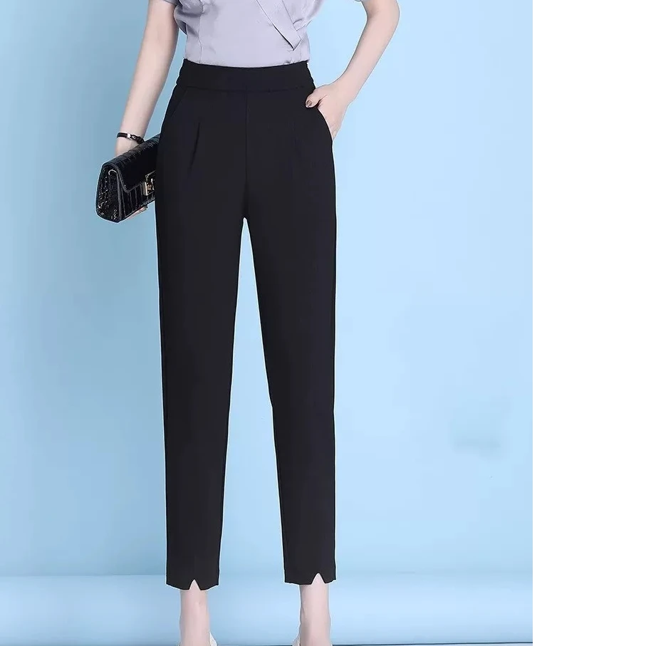 夏季女半松紧高腰显瘦哈伦裤修身小脚休闲九分西裤5154# 裤长88