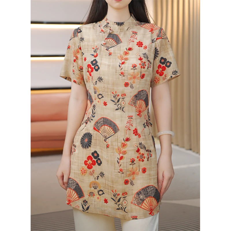 2025夏季新款新中式复古时尚气质百搭短袖圆领衬衫上衣