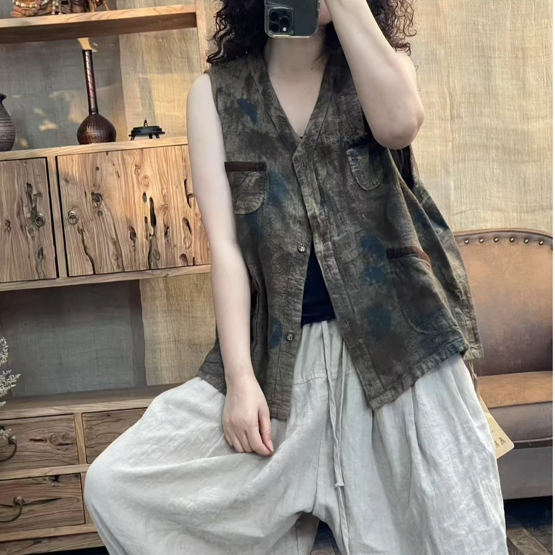 [四月阳光]夏季亚麻印花炒色做旧复古休闲马夹(长60胸围120)