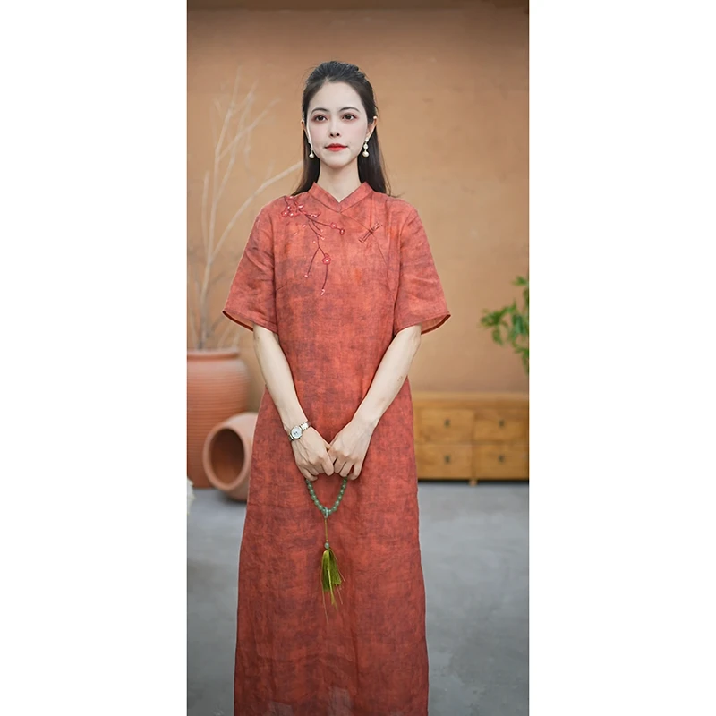 赠李白显瘦时尚100支苎麻大摆裙国风原创设计旗袍宽松盘扣7055