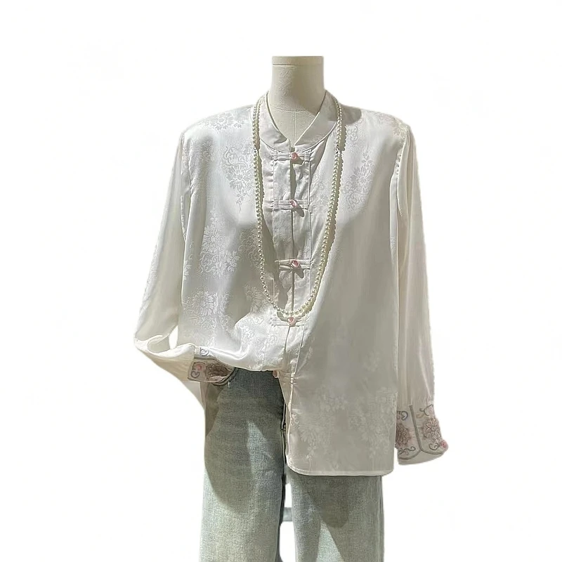 新中式缎面衬衫2025春秋装内搭国风盘扣立领刺绣汉服提花白色上衣