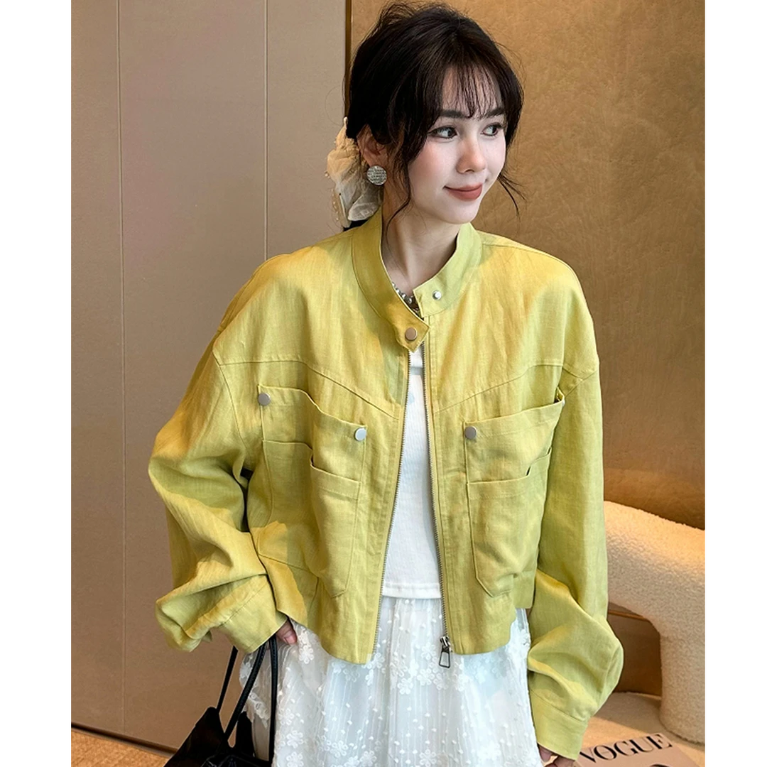 欧货立领港风休闲纯色宽松大口袋外套女2025春夏新款洋气防晒上衣