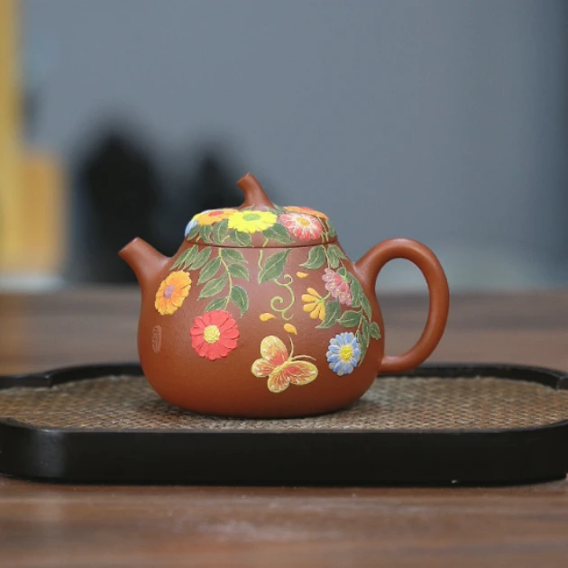 5129宜兴紫砂茶具大红袍泥料堆绘蝶恋花紫砂壶FSY150cc