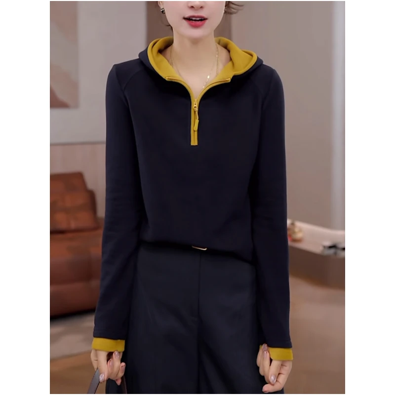 时髦洋气假两件撞色半拉链连帽长袖卫衣女2025秋冬新款显瘦上衣潮