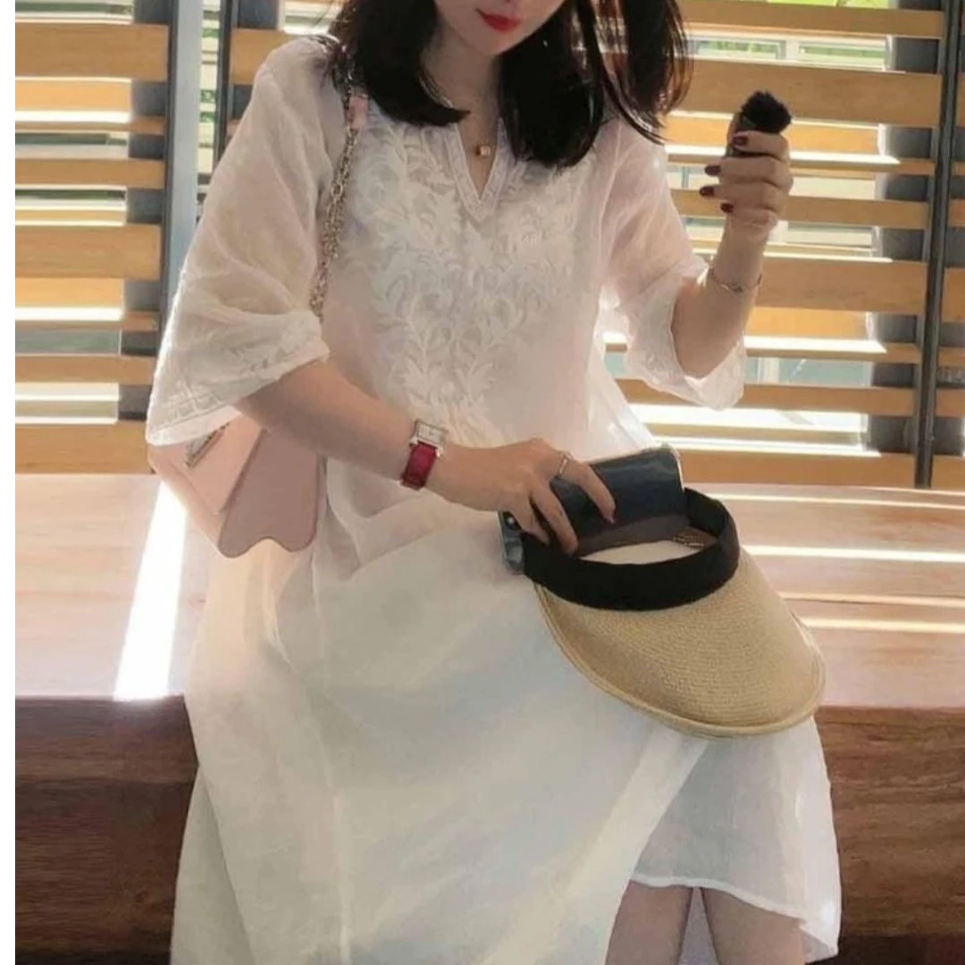 【当天发+运费险】夏季透气重工刺绣气质高级宽松连衣裙显瘦长裙Y99