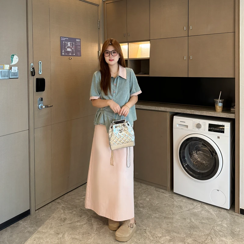 南岛风大码女装新款微胖mm夏撞色拼接牛仔外套高腰半裙套装ZYY662