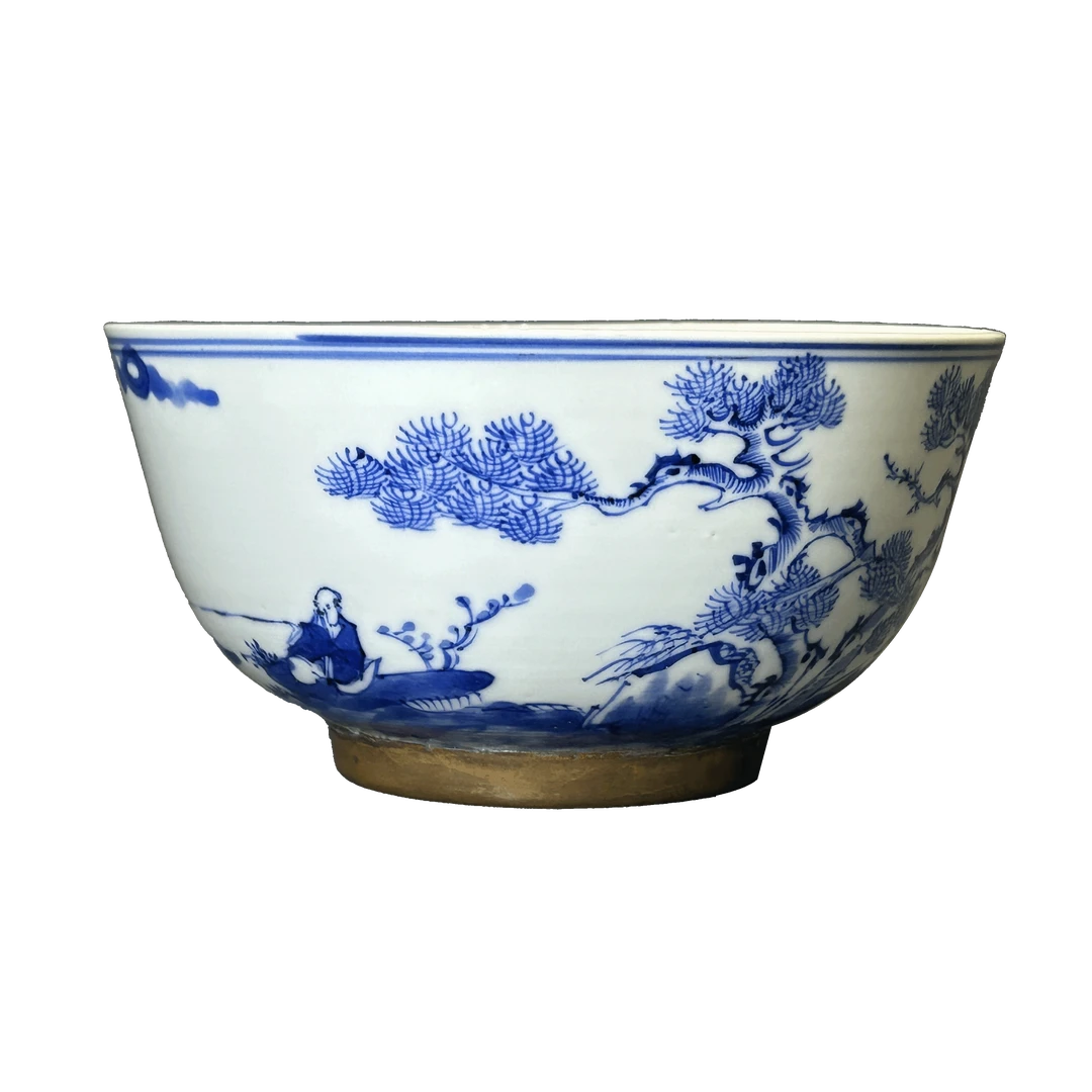 25010419x青花渭水垂钓诗文碗