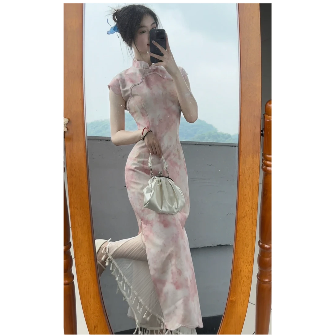 【C12】新中式2025夏少女感初恋粉改良版温柔旗袍国风女