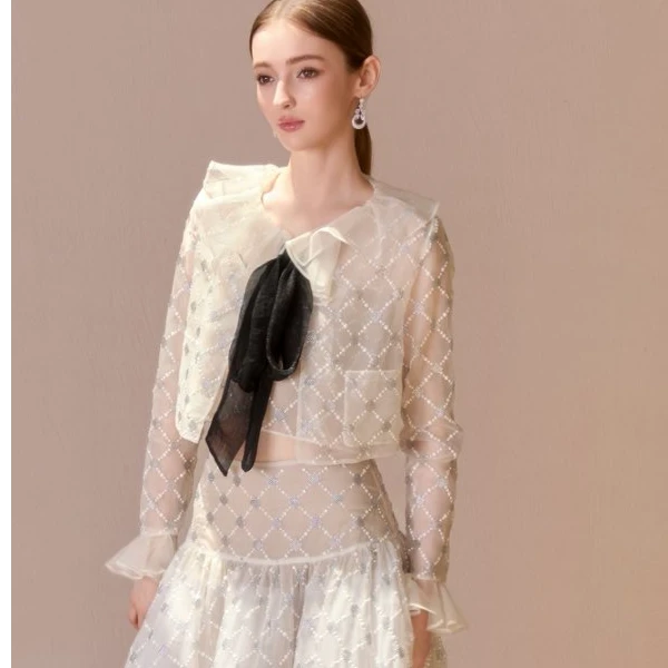 WARDROBES BY CHEN奢华⼿⼯烫钻荷叶边外套CHEN25AU0806