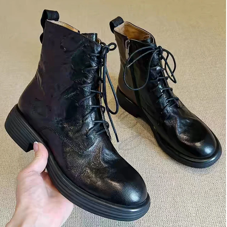 软羊皮断码清仓真皮复古圆头马丁靴女2025秋冬新款英伦风平底短靴