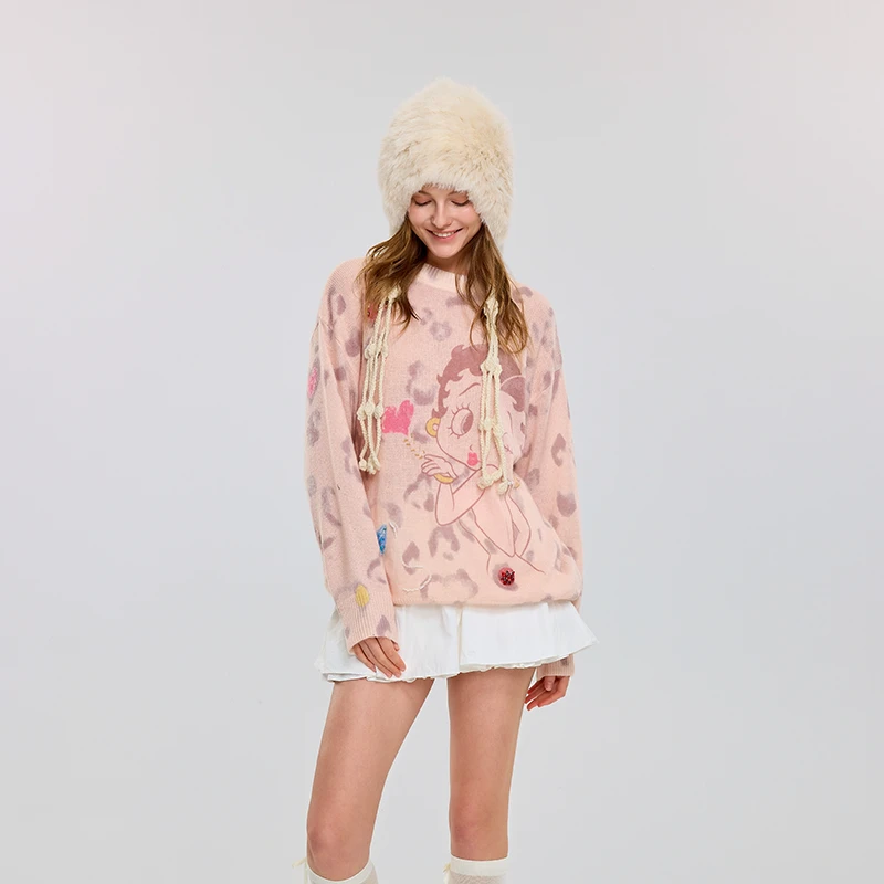 河岸家设计师OooFYang宽松粉色豹纹女孩订珠长袖毛衣女25秋冬