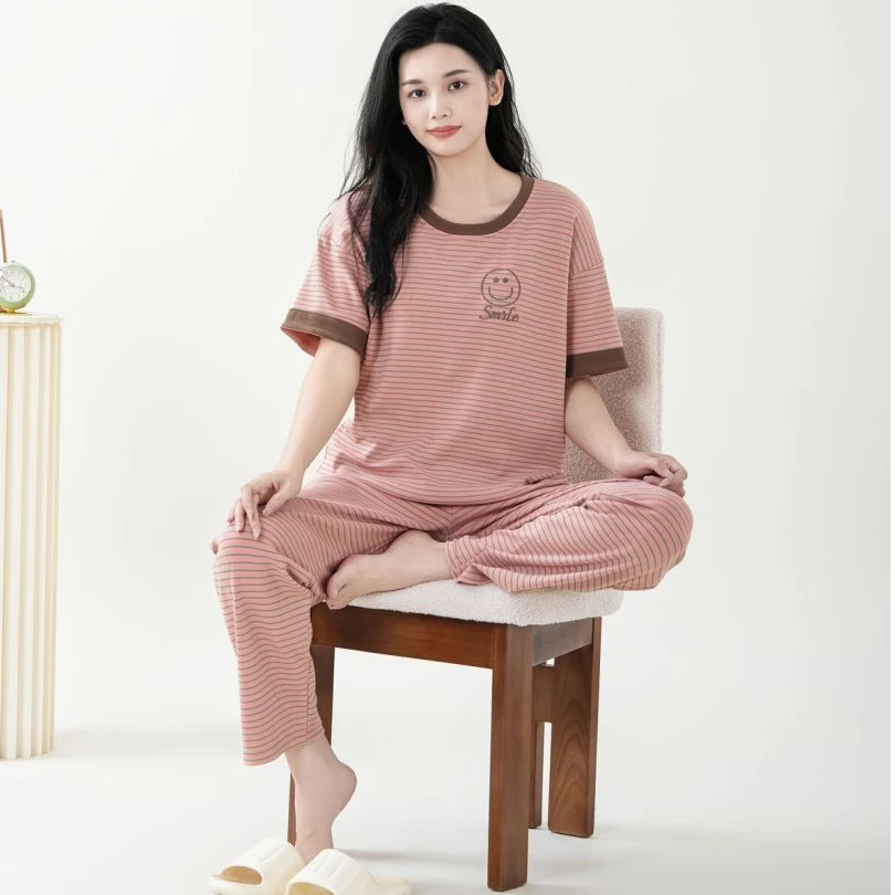 送短裤拍一发三女士圆领套头短袖长裤家居服纯棉睡衣女套装带胸垫