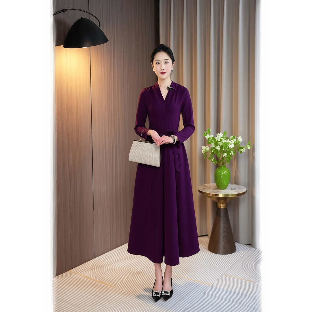 连衣裙显瘦气质长袖长裙黑色复古收腰春秋时尚夏季法式长款修身