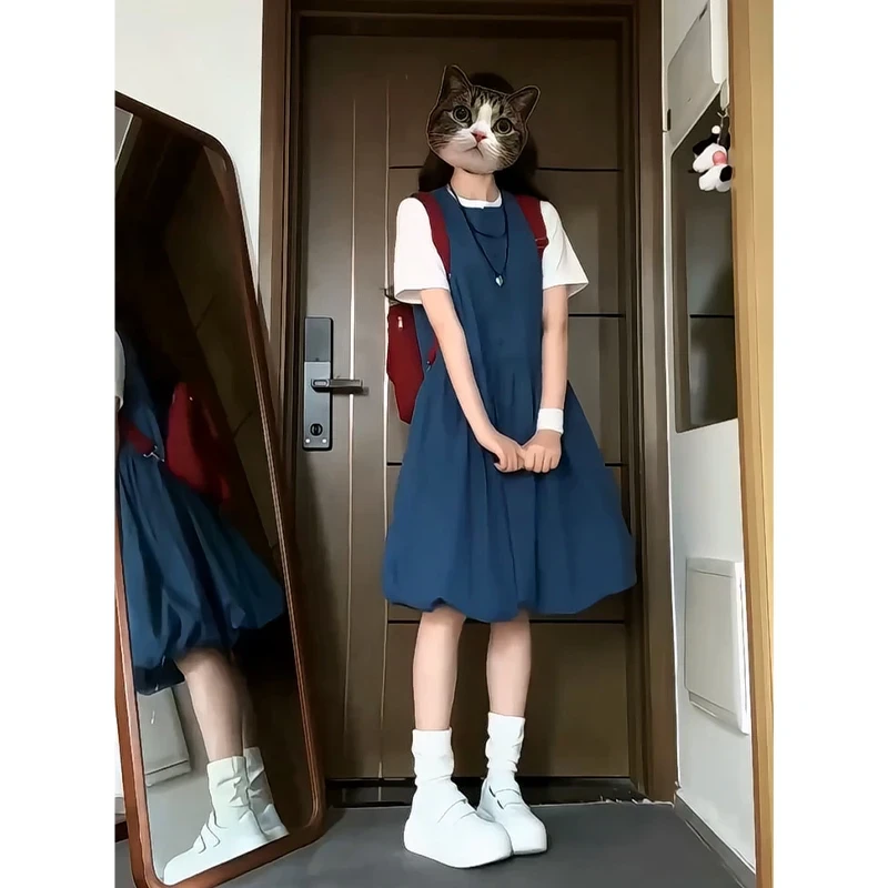 韩系穿搭圆领百搭T恤上衣女夏季2025气质收腰背心花苞连衣裙套装