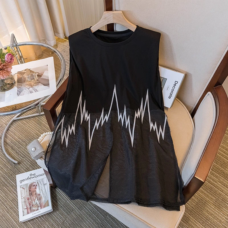 3365#亮片拼接网纱无袖T恤百搭上衣女夏季新款高端洋气显瘦开叉