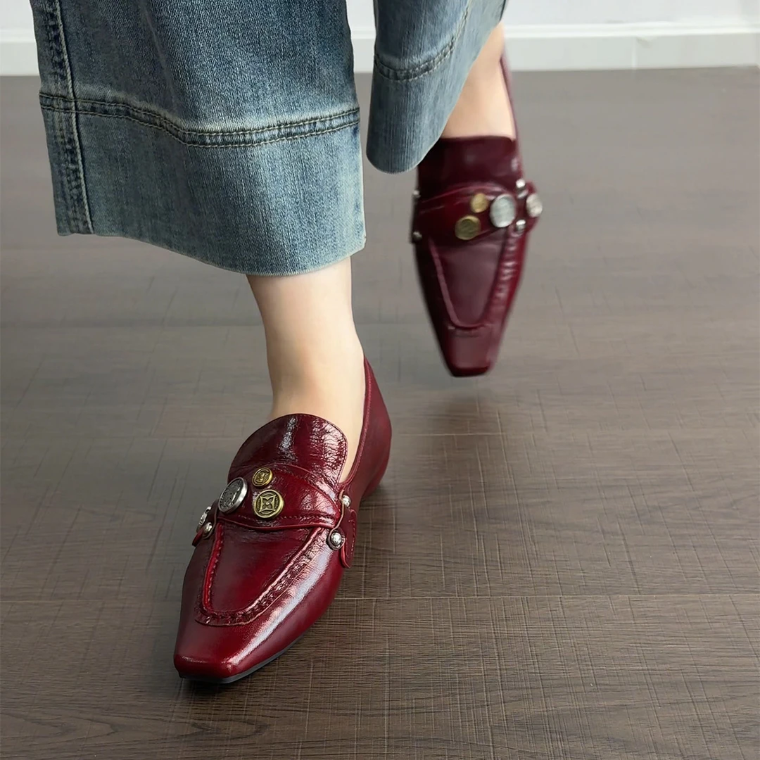 3.5cm/ED2551牛皮方头低跟单鞋女春秋百搭真皮粗跟乐福鞋英伦漆皮