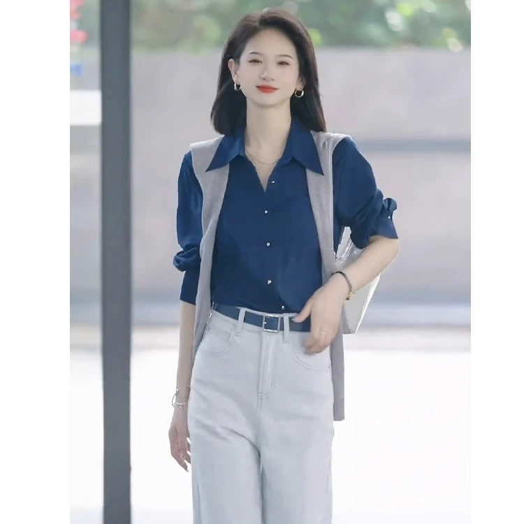 秋装搭配一整套盐系炸街时尚高级感干练气质小香风蓝色衬衫套装裤