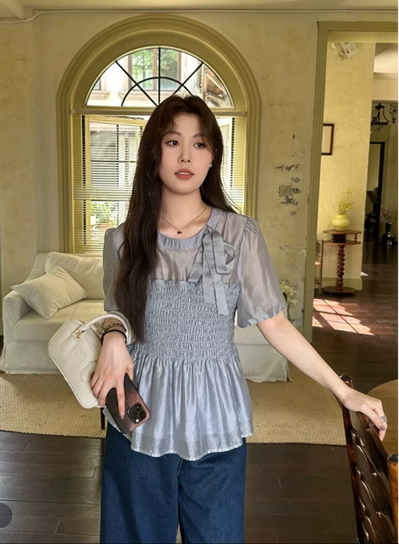 甜美可爱蝴蝶结泡泡袖衬衫女NN ZB