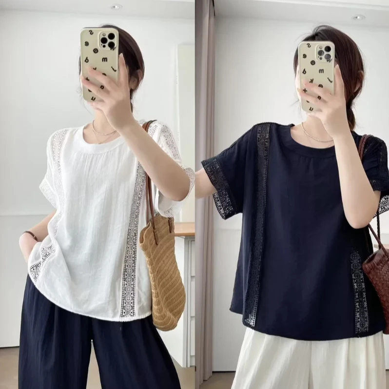 大码女装蕾丝拼接短袖上衣夏季新款体恤别致镂空小衫200斤减龄T恤