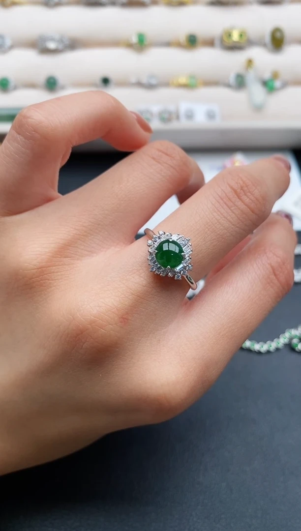 银S925镶嵌戒指翡翠缅甸天然A货翡翠33  4-10