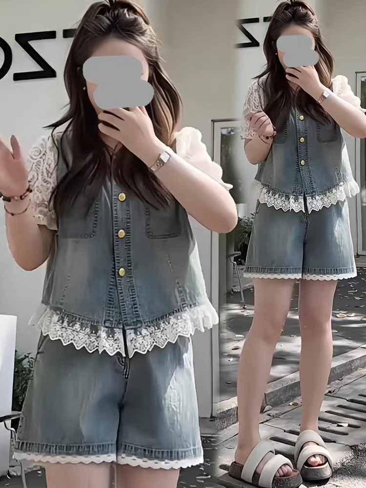 大码胖mm女装新款休闲蕾丝牛仔拼接短袖短裤长裙两件套套装