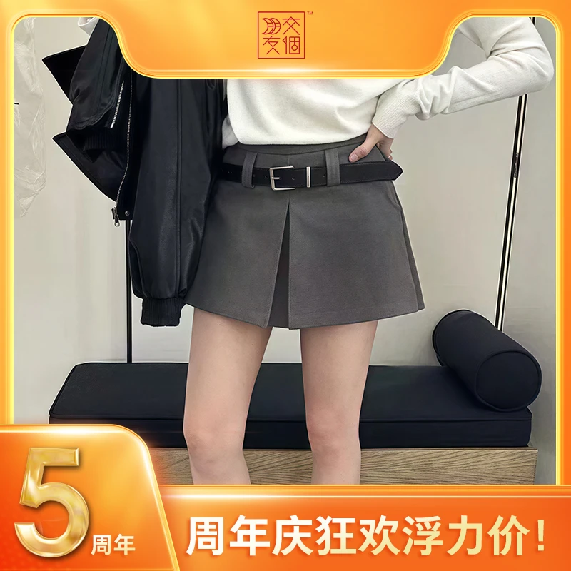 意森鸿-2025正品夏季新品小众百搭拼接假两件开叉压褶裤裙短裤 女
