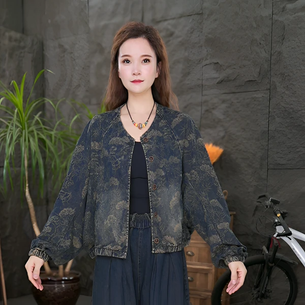 秋季新款提花圆领长袖短款女蝙蝠袖短外套休闲上衣设计师牛仔