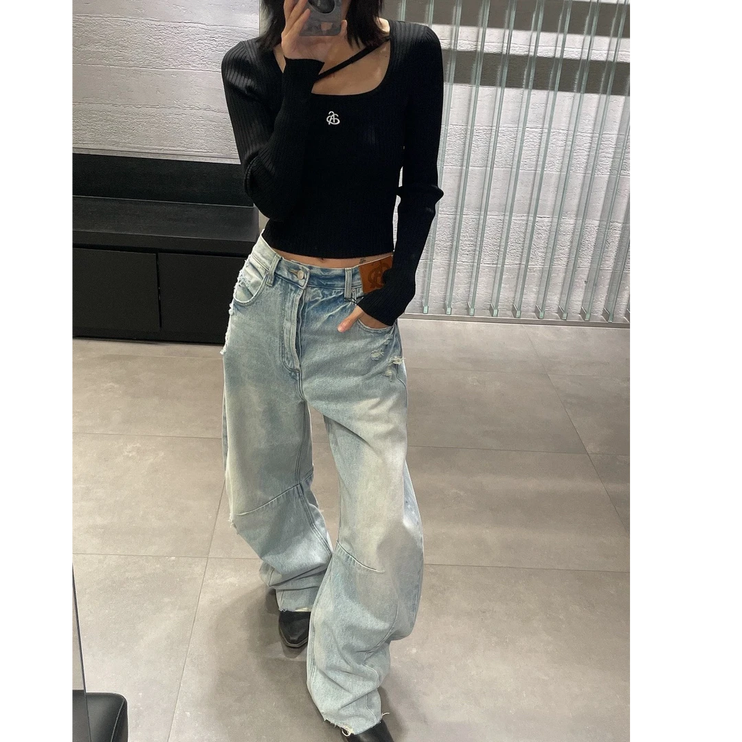 小众设计师款ann 明星同款破坏弯刀阔腿牛仔裤
