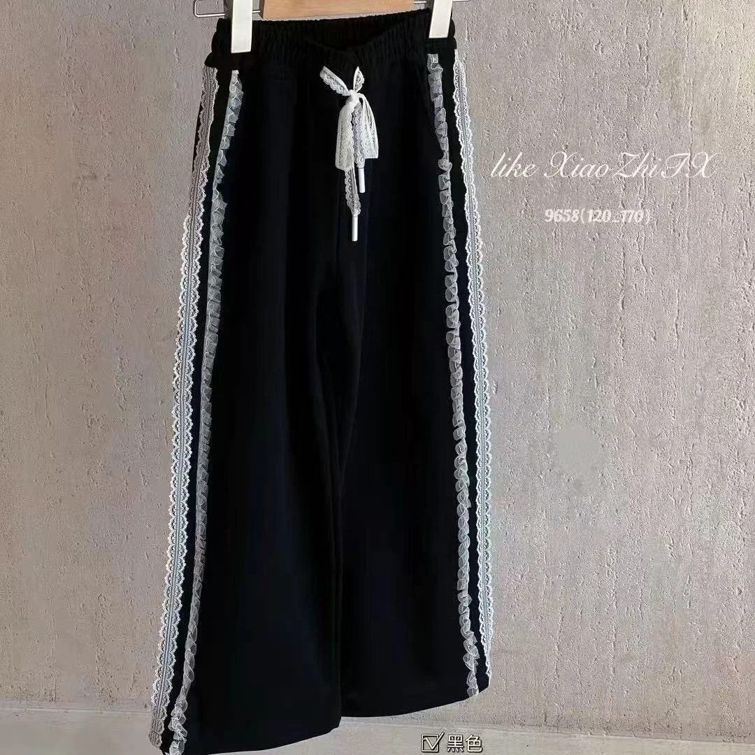 小智同学2025春夏新款拼接蕾丝中大童女童卫裤休闲阔腿裤亲子款