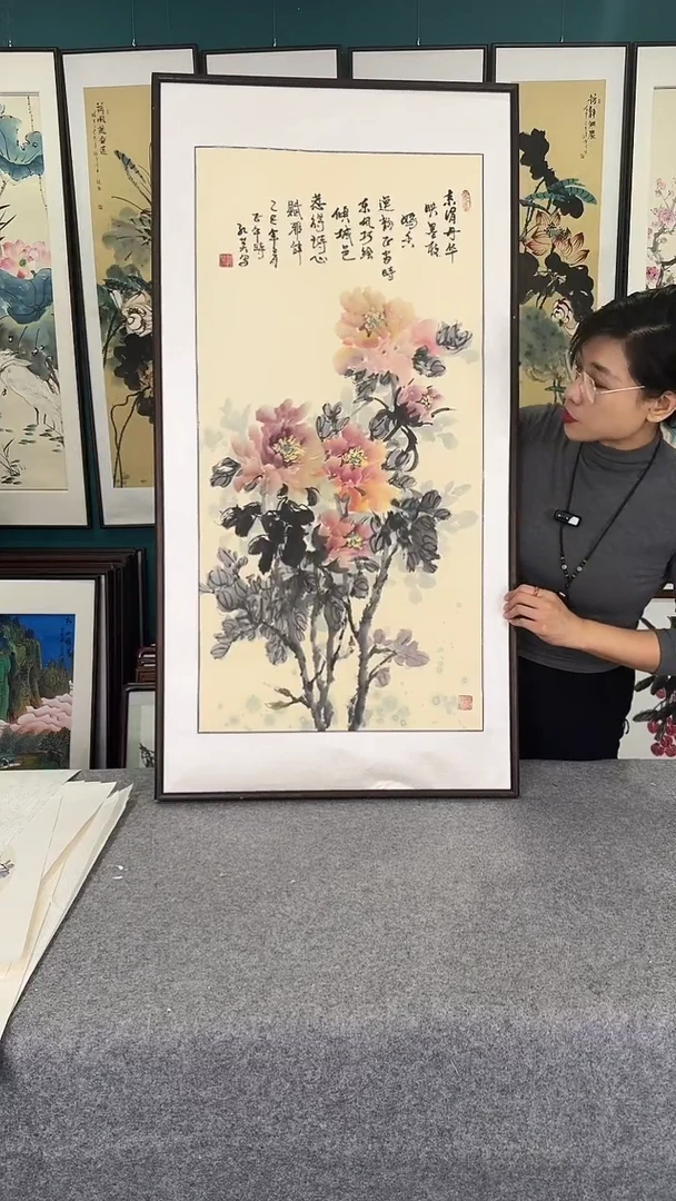 国画牡丹实木装裱63*123