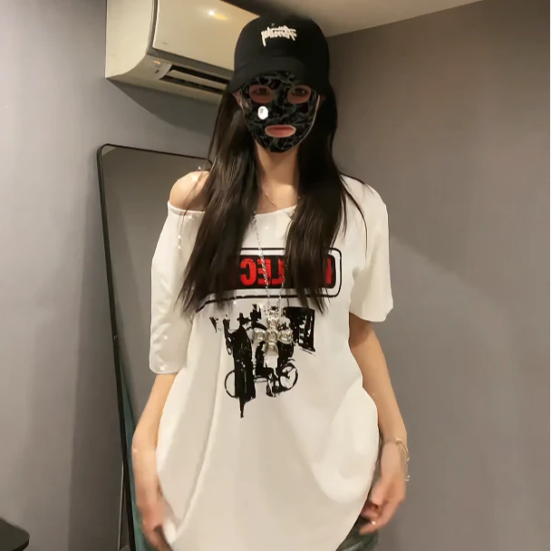 夏季斜肩短袖t恤女休闲圆领宽松百搭洋气显瘦遮肉辣妹爆款上衣ins