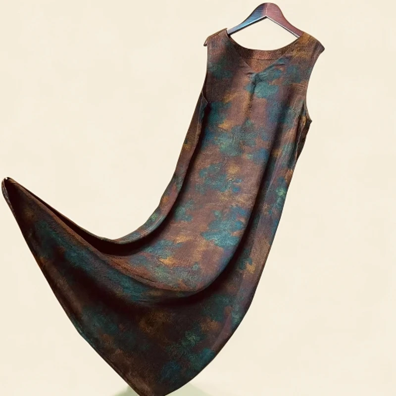 【古铜色】正品高端挂脖式A字夏季镂空印花时尚女士中式背心裙1027