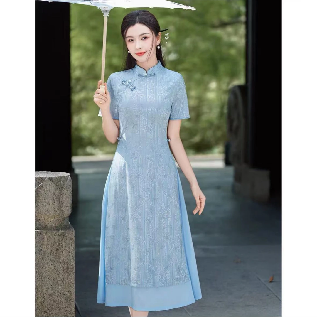 689-浅蓝色 亮丝 大奥戴 旗袍