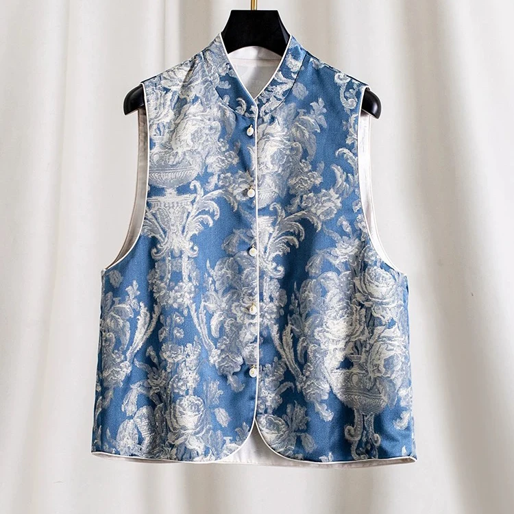 两面穿浮雕提花新中式国风小立领蓝色马甲女外穿坎肩外套A39马夹